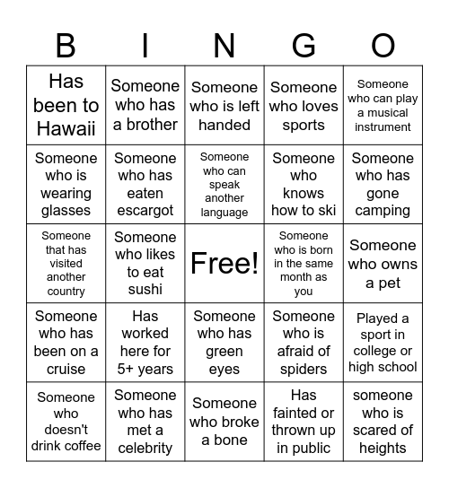 Getting to Know You Bingo Card