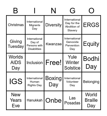 December DEI Hour Bingo Card