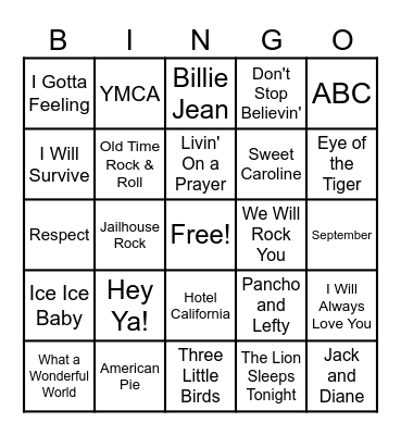 Name That Tune Bingo Card