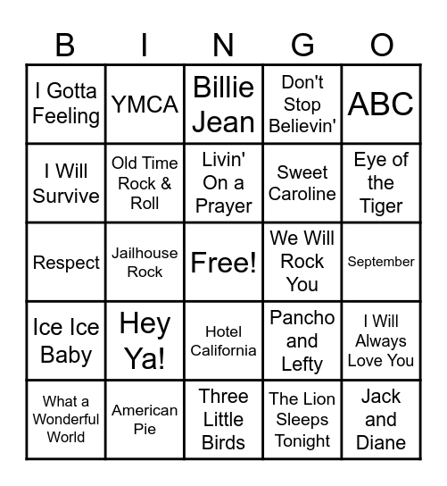 Name That Tune Bingo Card