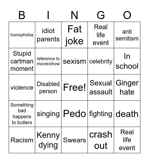 South Park Bingo Card