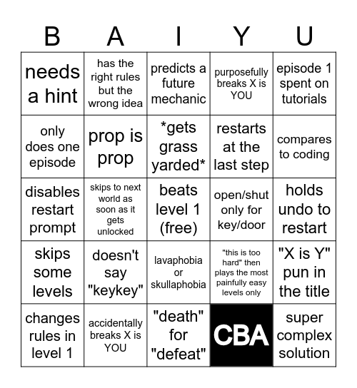 BABA IS YOU: FIRST PLAYTHROUGH BINGO Card