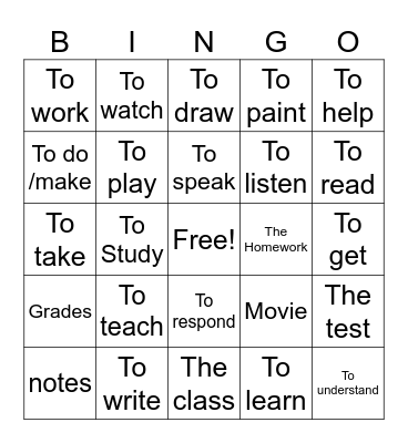 School Verbs Bingo Card