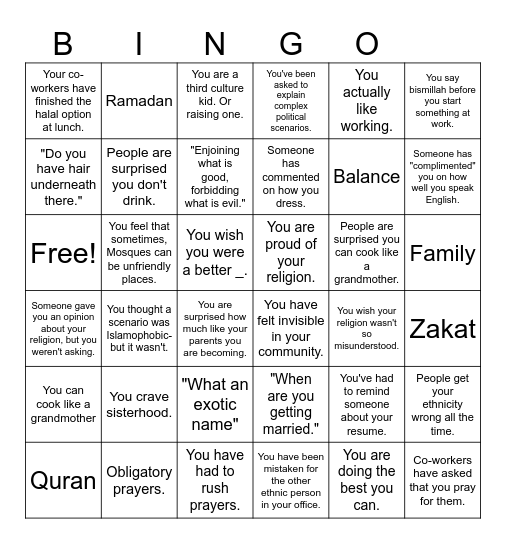 Muslim Woman's Bingo Card