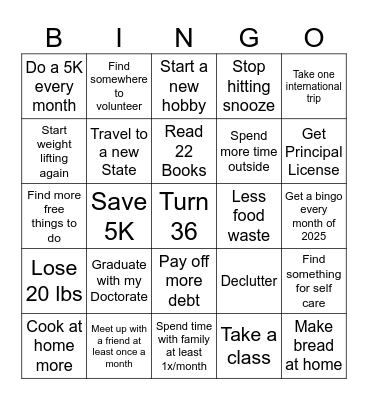 2025 Goals Bingo Card