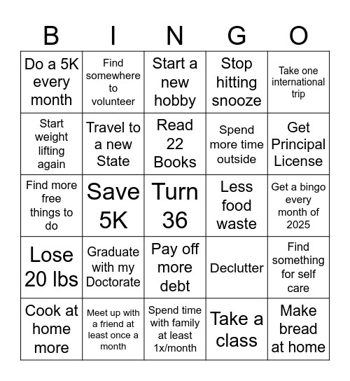 2025 Goals Bingo Card