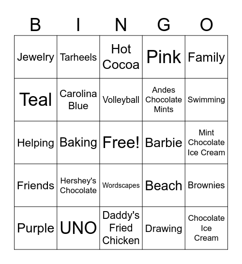 Lauren's 8th Birthday Party Bingo Card