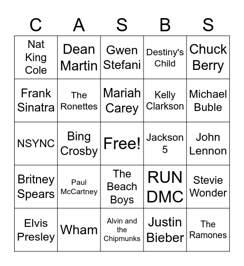 Cooper's Festive Music Game Bingo Card