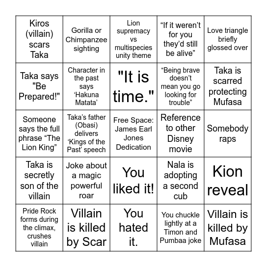 Mufasa Bingo Card