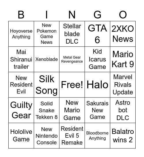 Game Awards 2024 Bingo Card