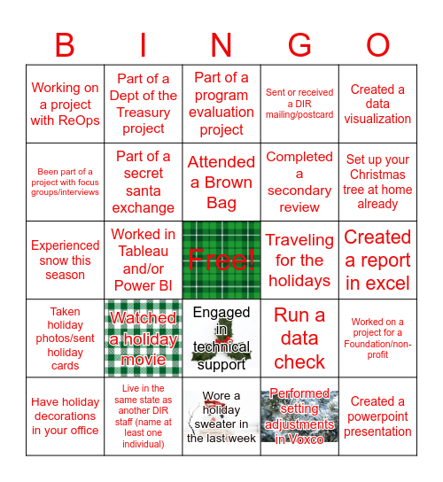 DSA Holiday Bingo Card