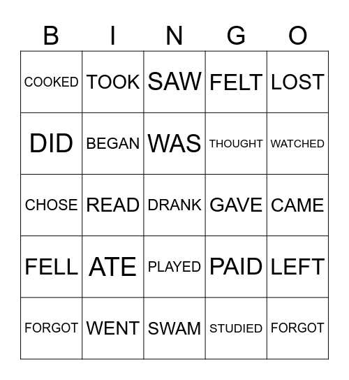 PAST Bingo Card