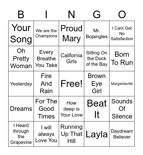 Top songs of the 20th Century Bingo Card