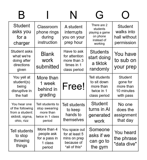 Teacher bingo (Kaleb Albrecht's idea) Bingo Card