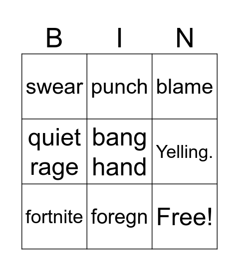 rage Bingo Card