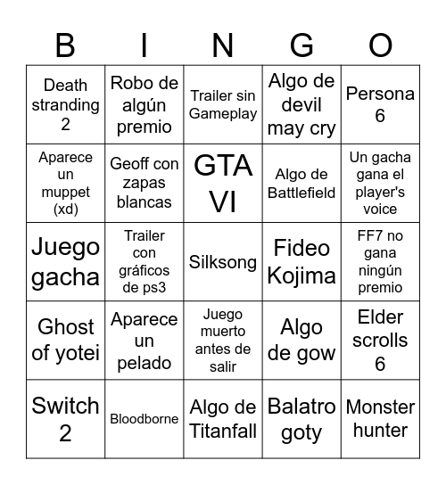 Game awards Bingo Card