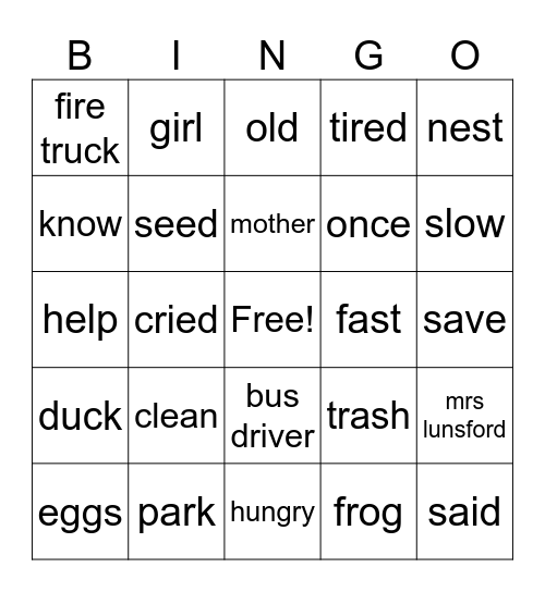 1st Grade Vocabulary Bingo Card