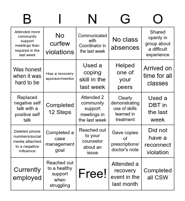 South Enotah Drug Court Bingo Card