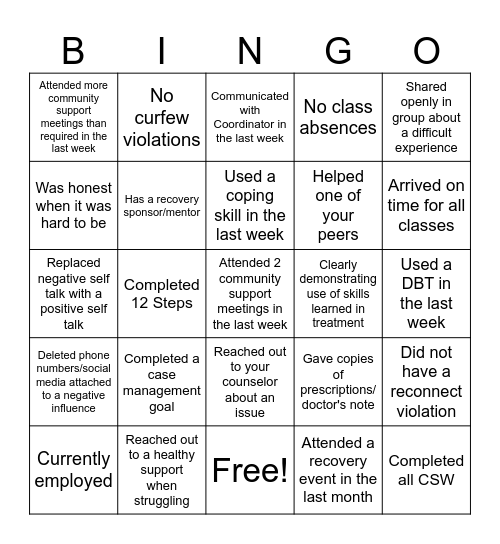 South Enotah Drug Court Bingo Card