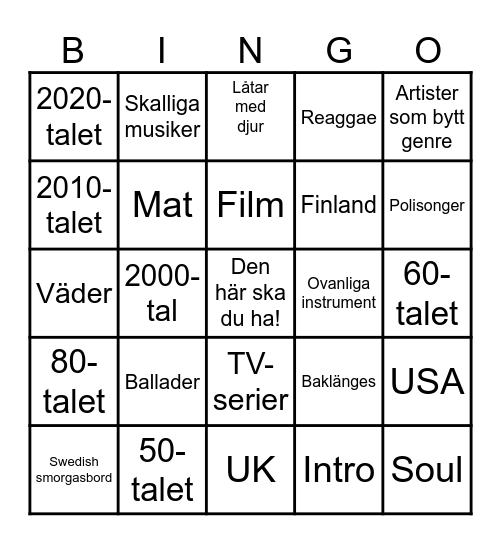 Musikquiz Bingo Card