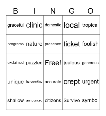 2nd Grade Vocabulary Bingo Card