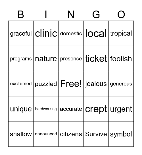 2nd Grade Vocabulary Bingo Card