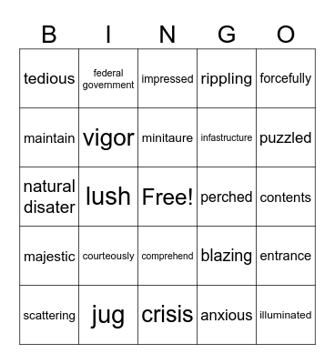 4th Grade Vocabulary Bingo Card