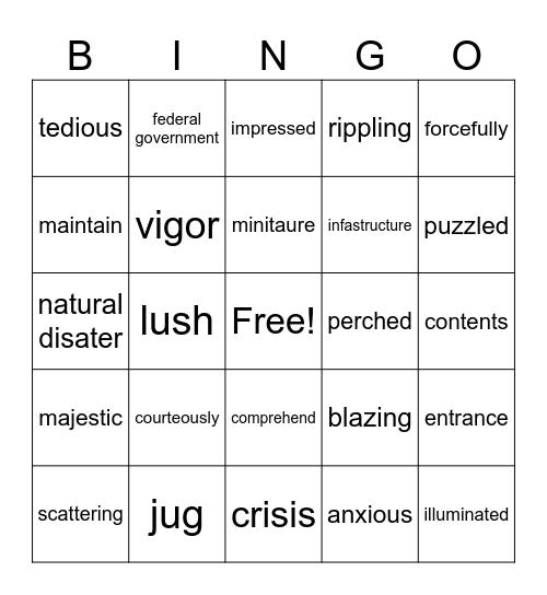 4th Grade Vocabulary Bingo Card
