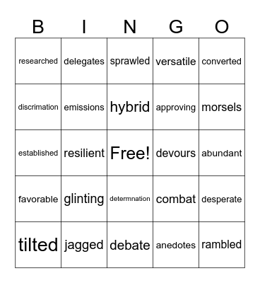 5th grade vocabulary Bingo Card