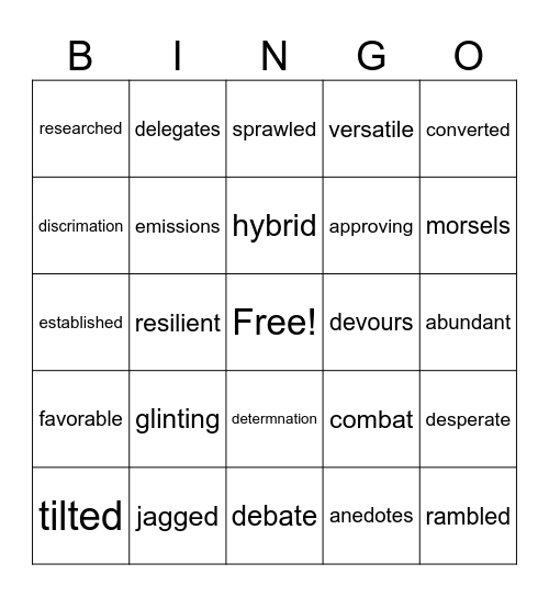 5th grade vocabulary Bingo Card