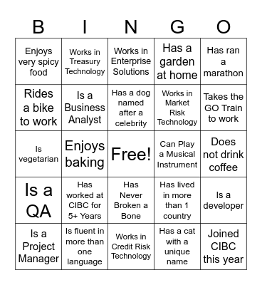 CIBC BINGO: FIND SOMEONE WHO.... Bingo Card