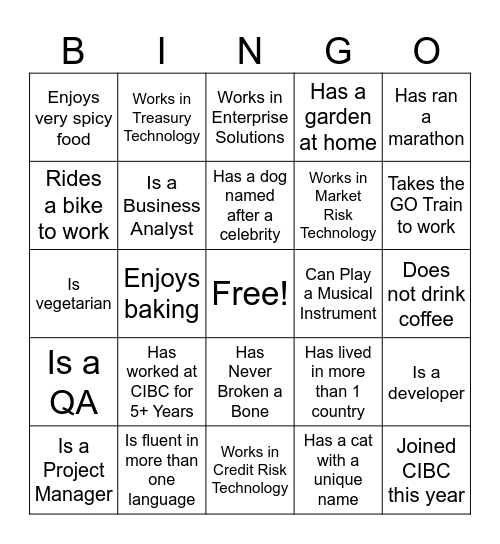 CIBC BINGO: FIND SOMEONE WHO.... Bingo Card