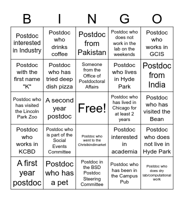 BSD Postdoctoral Association Postdoc Friends Bingo Card