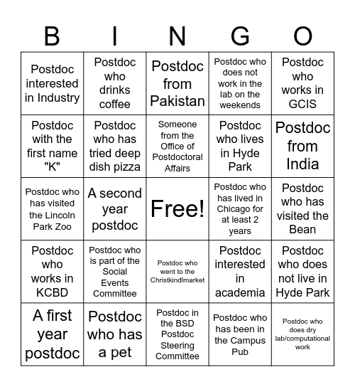 BSD Postdoctoral Association Postdoc Friends Bingo Card