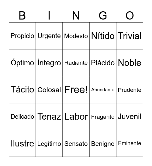 Cognate Bingo Card
