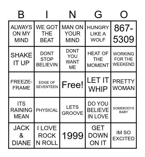 1982 MUSIC Bingo Card