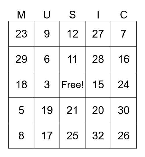 Holiday Music Bingo Card