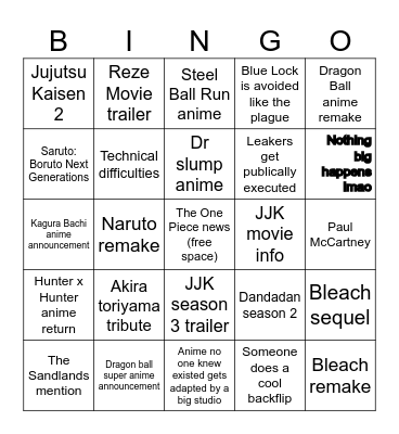 Jump Festa Bingo Card