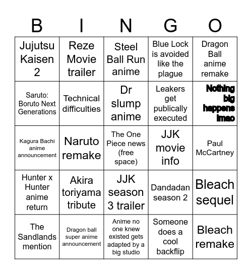 Jump Festa Bingo Card