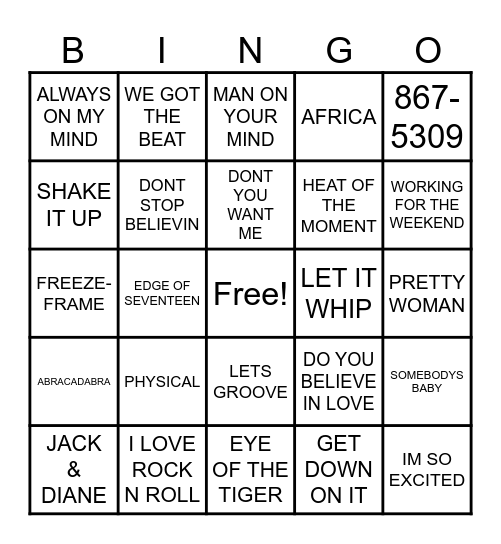 1982 MUSIC Bingo Card