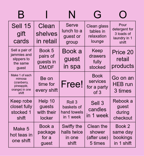 Spa Concierge Bingo Card