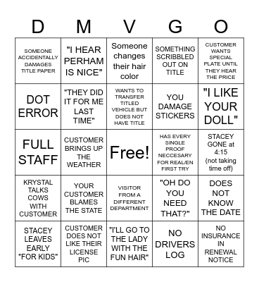 DMV BINGO Card