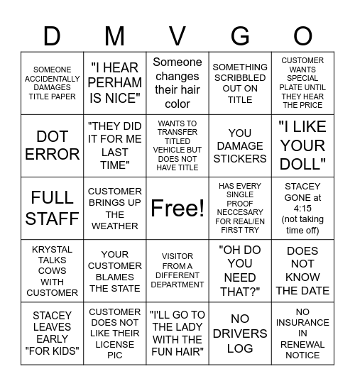 DMV BINGO Card
