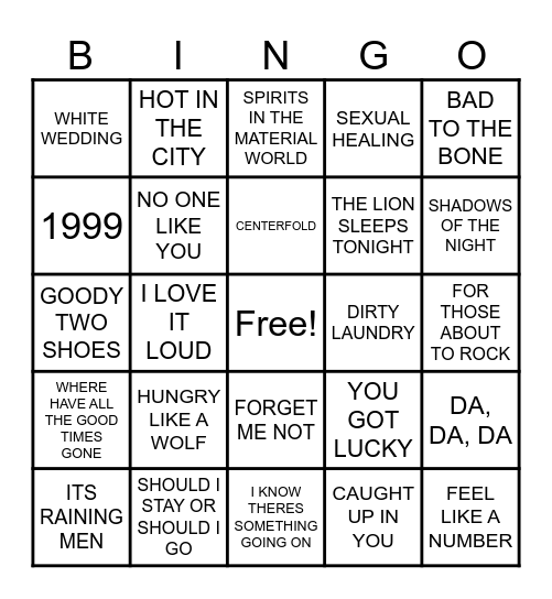 1982 MUSIC Bingo Card