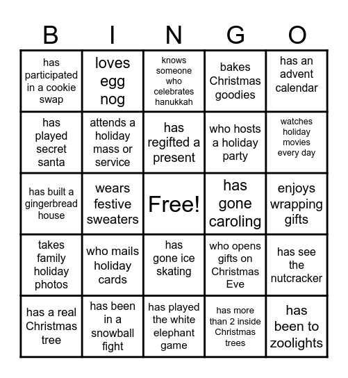 UP Holiday Bingo Card