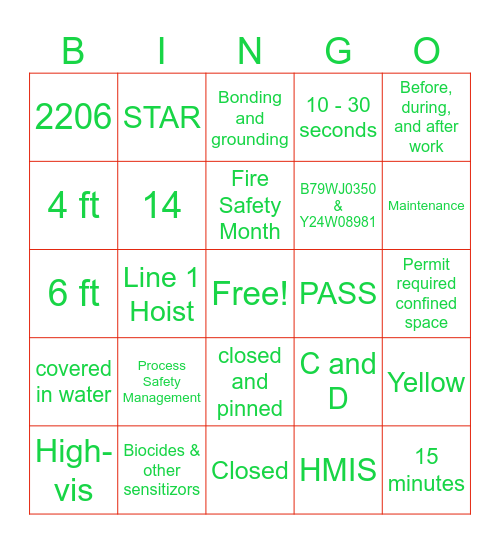 Safety Committee Bingo Card