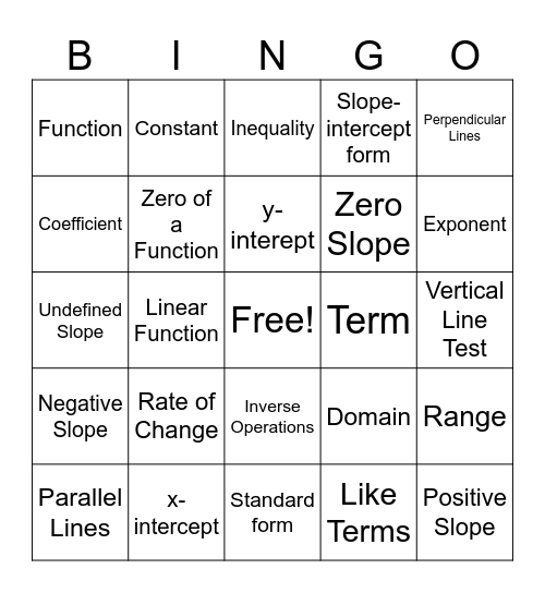 2024 Algebra 1 Midterm Bingo Card