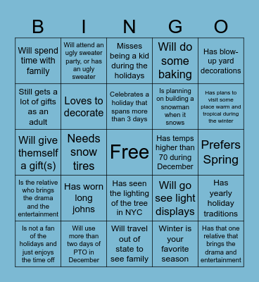 Winter Holiday Bingo Card