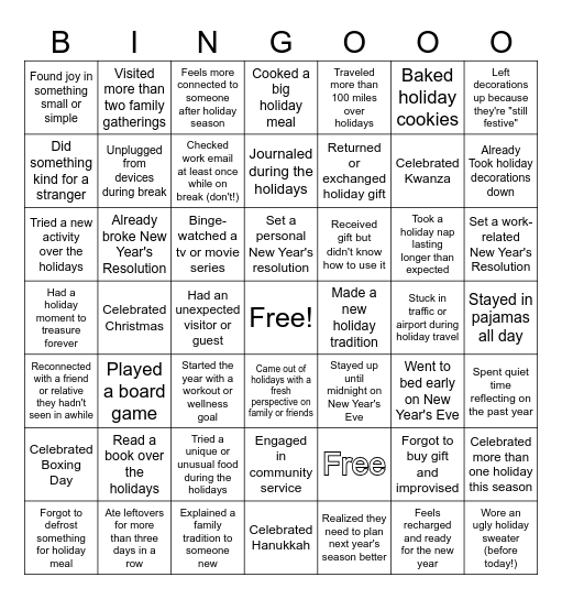 Post-Holiday Bingo #1 Bingo Card