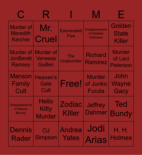 True Crime Cases Bingo Card